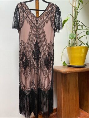 Women's Beaded Sequin Sheer Fringe Flapper Black Dress Retro Party